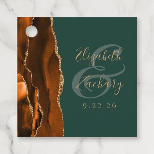 Agate Geode Script Rust Gold Dark Green Wedding Geschenkanhänger (Vorderseite)