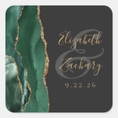 Agate Geode Script Smarald Green Gold Dark Wedding Quadratischer Aufkleber (Vorderseite)