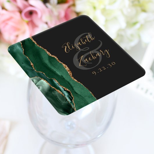Agate Geode Script Smarald Green Gold Dark Wedding Rechteckiger Pappuntersetzer