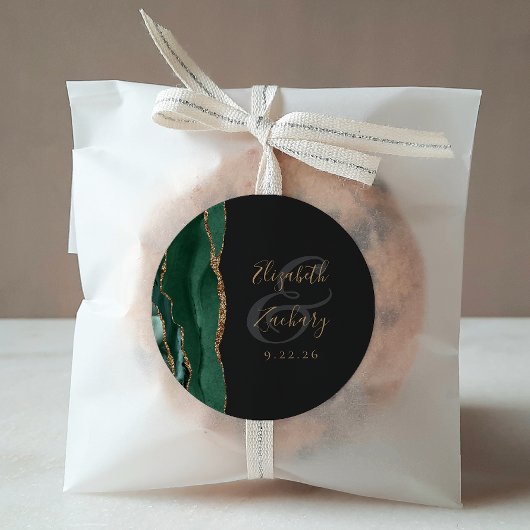 Agate Geode Script Smarald Green Gold Dark Wedding Runder Aufkleber