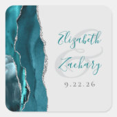 Agate Geode Script Teal Blue Silver Gray Wedding Quadratischer Aufkleber (Vorderseite)