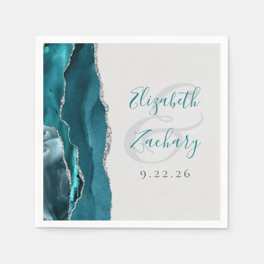 Agate Geode Script Teal Blue Silver Gray Wedding Serviette (Vorderseite)