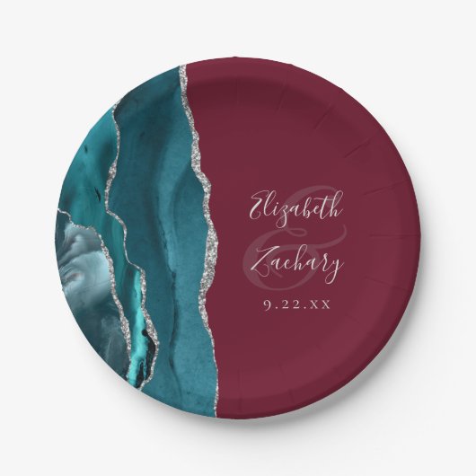 Agate Geode Silver Script Burgundy Wedding Pappteller (Vorderseite)