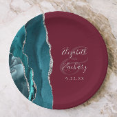 Agate Geode Silver Script Burgundy Wedding Pappteller
