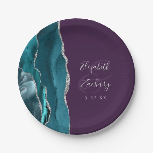 Agate Geode Silver Script Purple Wedding Pappteller (Vorderseite)