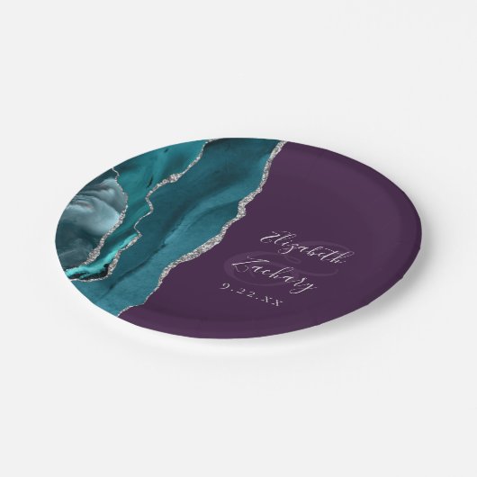 Agate Geode Silver Script Purple Wedding Pappteller (Schrägansicht)