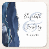 Agate-Geoden-Schrift Navyblau Silber Hochzeit Rechteckiger Pappuntersetzer (Vorderseite)
