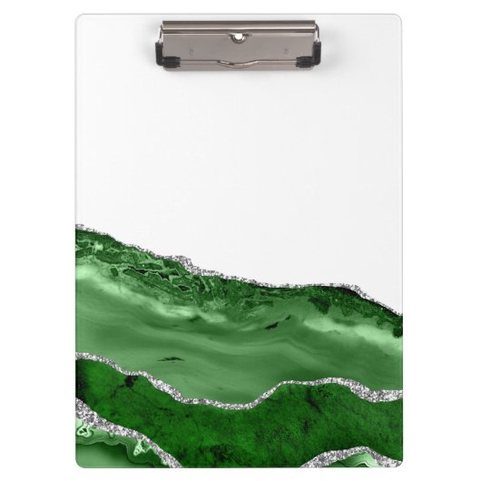 Agate Glamour Emerald Green Silver Glitzer Klemmbrett (Vorderseite)