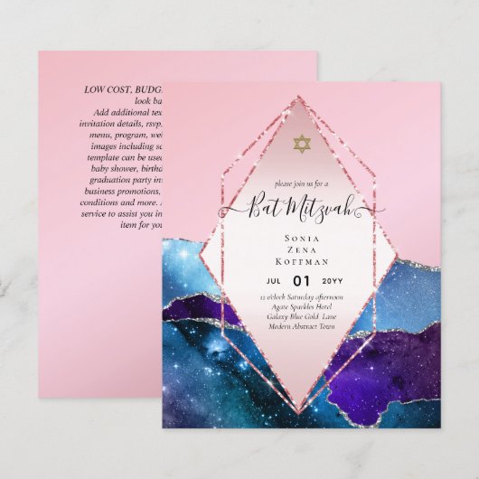 AGATE GLITZER BAT MITZVAH Einladungs-HAUSHALT (Vorne/Hinten)