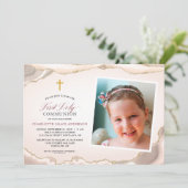 Agate Gold Glitzer Foto Girl First Communation Einladung (Stehend Vorderseite)