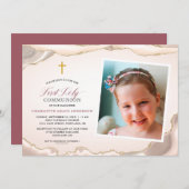 Agate Gold Glitzer Foto Girl First Communation Einladung (Vorne/Hinten)