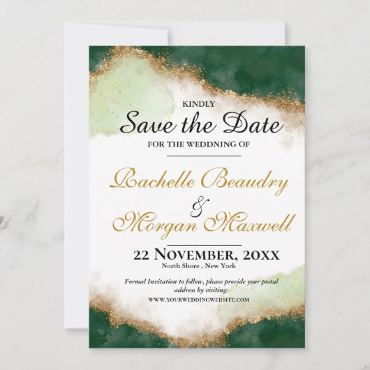 Agate Gold & Green Wedding Speichern Sie die Datum Save The Date (Vorderseite)