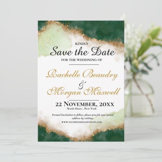 Agate Gold & Green Wedding Speichern Sie die Datum Save The Date (Stehend Vorderseite)