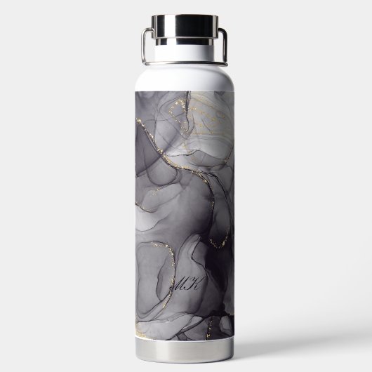 Agate Gray and Black Marble Individuelle Name Lett Trinkflasche (Rückseite)