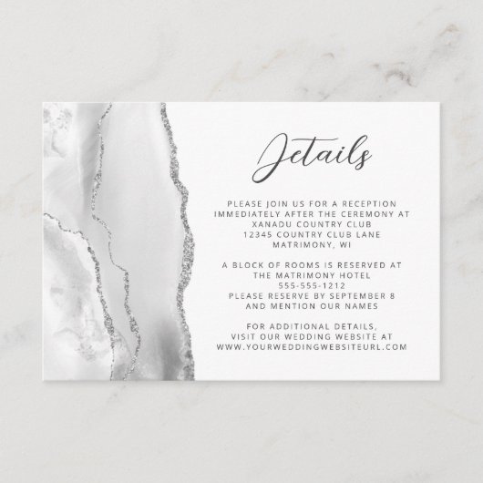 Agate Gray Silver Modern Script Wedding Details Begleitkarte (Vorderseite)
