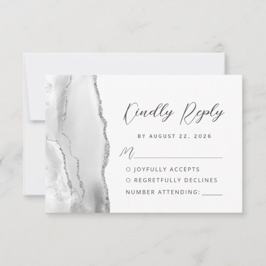 Agate Gray Silver Modern Script Wedding RSVP Karte (Vorderseite)