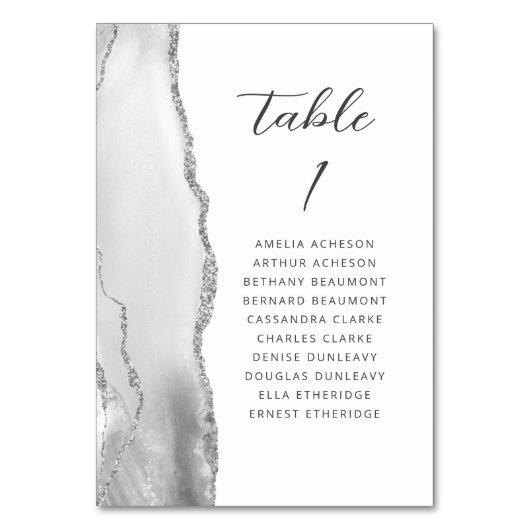 Agate Gray Silver Modern Script Wedding Tischnummer (Vorderseite)