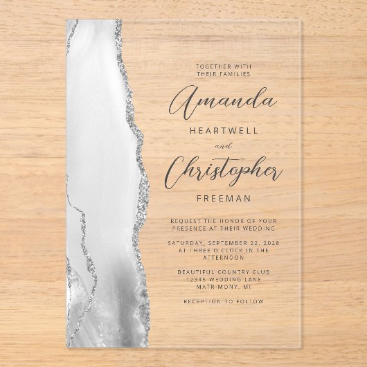 Agate Gray Silver Script Wedding Acryleinladungen (Vorderseite)
