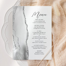 Agate Gray White Silver Moderne Script Hochzeit Menükarte