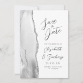 Agate Gray White Silver Moderne Script Hochzeit Save The Date (Vorderseite)