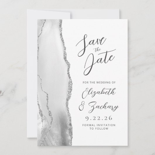 Agate Gray White Silver Moderne Script Hochzeit Save The Date (Vorderseite)