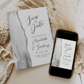 Agate Gray White Silver Moderne Script Hochzeit Save The Date