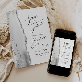 Agate Gray White Silver Moderne Script Hochzeit Save The Date