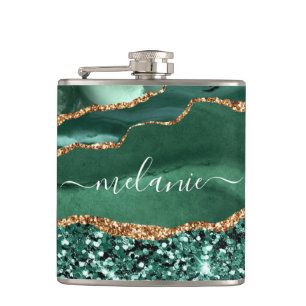 Agate Green Gold Emerald Individuelle Name Flask Flachmann