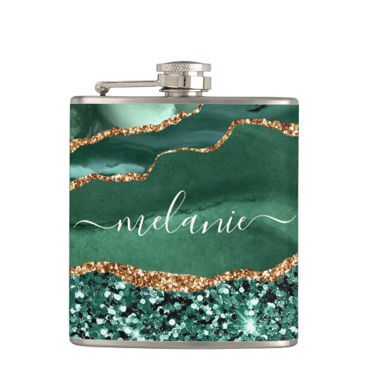 Agate Green Gold Emerald Individuelle Name Flask Flachmann (Vorderseite)