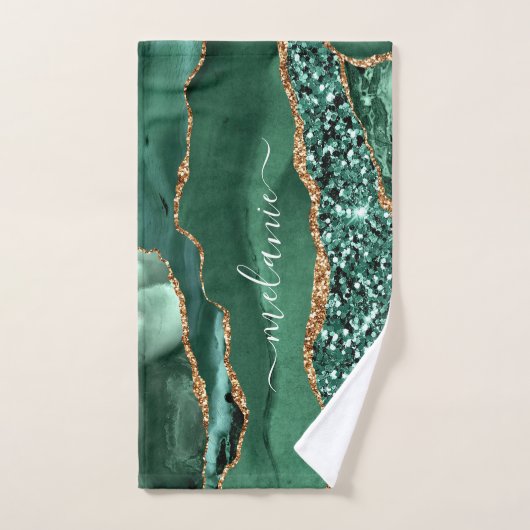 Agate Green Gold Glitzer Geode Marble Ihren Namen Badhandtuch Set (Handtuch)