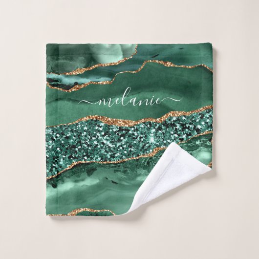 Agate Green Gold Glitzer Geode Marble Ihren Namen Badhandtuch Set (Waschlappen)