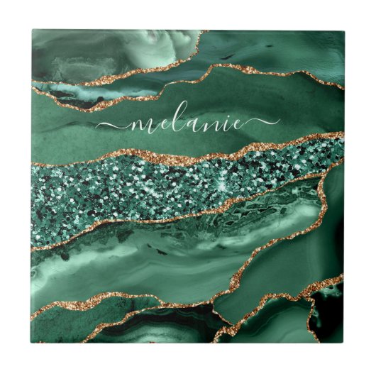 Agate Green Gold Glitzer Geode Marble Individuelle Fliese (Vorderseite)