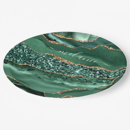 Agate Green Gold Glitzer Geode Marble Individuelle Pappteller (Schrägansicht)