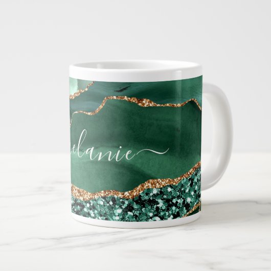 Agate Green Gold Glitzer Geode Marble Tasse Name (Vorderseite Rechts)