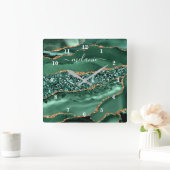 Agate Green Gold Glitzer Geode Marmornamensklemme Quadratische Wanduhr (Zuhause)