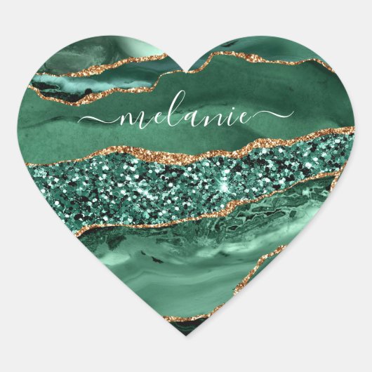 Agate Green Gold Glitzer Geode Marmornamensticker Herz-Aufkleber (Vorderseite)