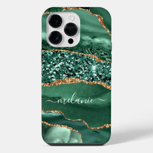 Agate Green Gold Glitzer Marble Individuelle Name iPhone 14 Pro Max Hülle