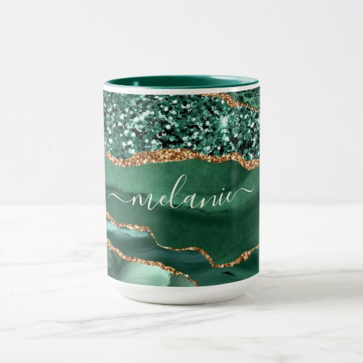 Agate Green Gold Glitzer Marble Individuelle Name Tasse (Zentrum)