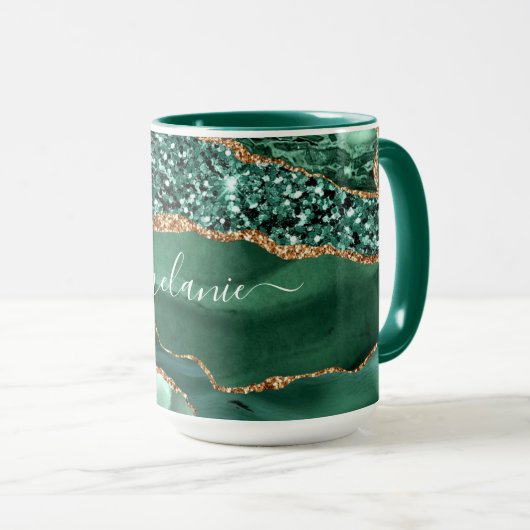 Agate Green Gold Glitzer Marble Individuelle Name Tasse (VorderseiteRechts)