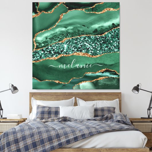 Agate Green Gold Glitzer Marmorname Canvas Print Leinwanddruck (Insitu (Schlafzimmer))