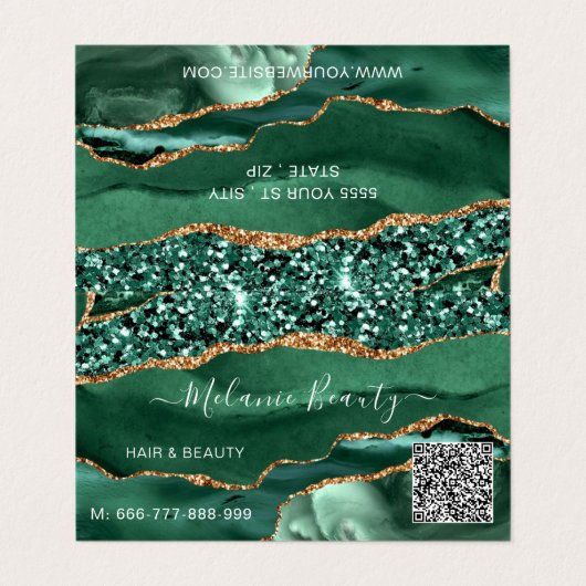 Agate Green Gold Glitzer Modernes Design QR Code Visitenkarten (Außenseite Aufgefaltet)