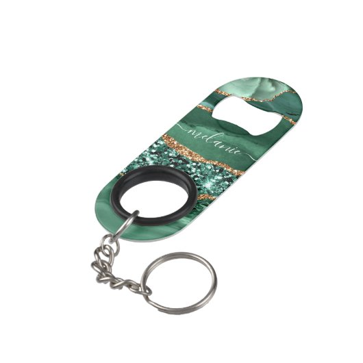 Agate Green Gold Ihr Name Schlüsselanhänger Flasch Mini Flaschenöffner (Rückseite Schrägansicht)