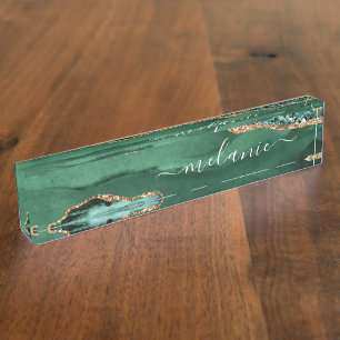 Agate Green Gold Sparkle Marmorschreibtisch Namens Namensplakette