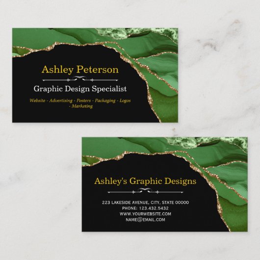 Agate Green und Gold Imitats Glitzer Visitenkarte (Vorne/Hinten)