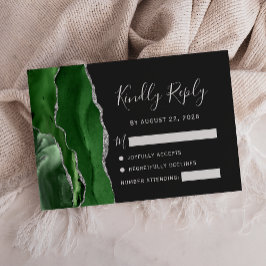 Agate Hunter Green Silver Dark Wedding RSVP Karte