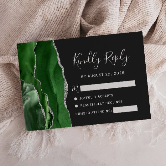 Agate Hunter Green Silver Dark Wedding RSVP Karte