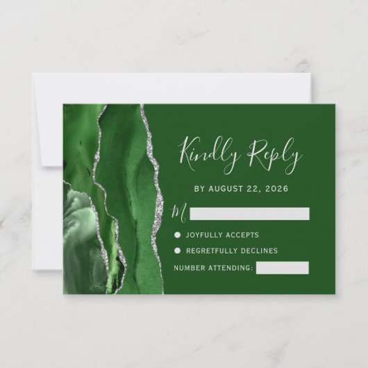 Agate Hunter Green Silver Wedding RSVP Karte (Vorderseite)