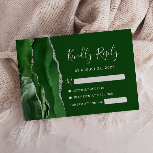 Agate Hunter Green Silver Wedding RSVP Karte