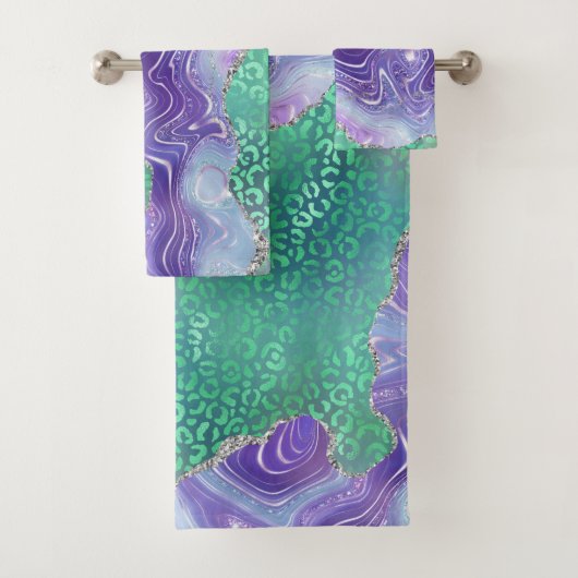 Agate Leopard Print Design Purple and Green Badhandtuch Set (Insitu)