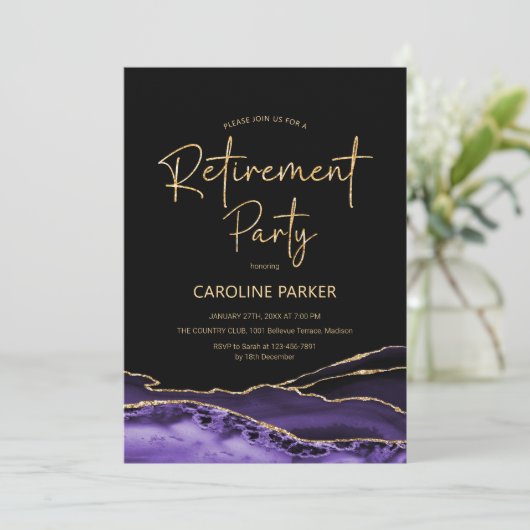 Agate Lila Black Gold Retirement Party Einladung (Stehend Vorderseite)